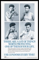 view A black woman preparing to go out by brushing her hair, applying lipstick, attaching an earring and putting a condom in her bag with a message about the benefits of using a condom to prevent AIDS; advertisement by HERO, Health Education Resource Organisation, Baltimore. Lithograph by HEROglyphics, 1990.