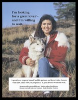 view A woman wearing a red coat with a white fur collar holding a husky in a field representing a woman looking for a lover; warning about the risk of AIDS by the Alaska Native Health Board. Colour lithograph by Sam Kimura.