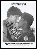 view A Latin-American man embraces a black man holding a condom; advertisement for safe sex and the AIDS Program by the Whitman-Walker Clinic, Inc. Lithograph.