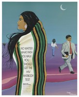 view A native American woman with long hair and a striped robe looks to the left in a purple landscape with other random figures walking in different directions; advertisement for the HIV antibody test by the American Indian Health Care Association. Colour lithograph after Ernie Whiteman, 1990.