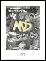 view Graffiti about AIDS representing an advertisment for the HIV/AIDS program by the New Hampshire Division of Public Health Services. Lithograph, 1989.