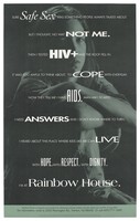 view A young woman hugs her knees representing an advertisement for Rainbow House, a long-term care residence for adolescents and teen mothers who have HIV/AIDS; poster issued by the NJCAMA Ad Council. Colour lithograph.