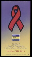 view A red ribbon representing an advertisement for an information line by The AIDS Network. Colour lithograph.