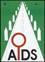 view The road to the horizon is guarded by condoms, representing protection against AIDS. Colour lithograph, 199-.