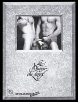 view A naked man puts a condom on the penis of another man who holds his nipple against a mottled background; advertisement for safe sex by the Comité SIDA aide Montréal. Lithograph by Robert Laliberté and Robert Ouellet, 1989.