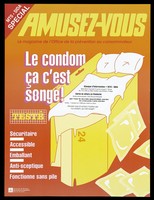 view A bed inside a packaging box bearing the number '24' with numerous packets of condoms; advertisement for safe sex by the Université de Montréal Services aux étudiants. Colour lithograph.