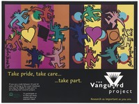 view Two groups of graphic figures dancing in circles around a heart and a condom; advertisement for the Vanguard Project, a research project aimed at educating young men on safe sex by the British Columbia Centre of Excellence in HIV/AIDS. Colour lithograph by John Ferrie, 1994.