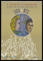 view People raising their hands towards a circle bearing a college scene of a young man and woman with another man reading beside lockers; advertisement for a campaign for schools against AIDS. Colour lithograph for the Government of Québec.