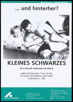 view Two gay men in bed, one of them disturbing the other who is reading a newspaper by trying to peep into his underpants; advertising Thursday gay breakfasts at the Berliner AIDS-Hilfe e.V. Colour lithograph, ca. 1996.