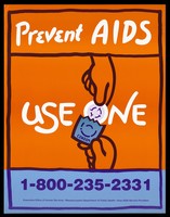 view A pair of hands pulling out a condom from a packet with the 'o' of condom incorporated in the word 'use one'; safer sex advertisement by the Massachusetts Department of Pubilc Health. Colour lithograph.