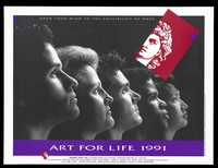 view A row of heads look up at an image of Michelangelo's David; representing an advertisement for an art auction to benefit the CATF Columbus AIDS Task Force. Colour lithograph by Mike Motts of Motts Photographic Center Inc. and Rob Brown of Rob Does Design, 1991.