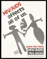 view A couple and a baby in graphic silhouette with a warning that HIV/AIDS affects everyone; advertisement by the City of Houston Health and Human Services. Colour lithograph.