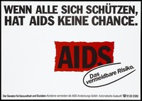 view The word AIDS on a red ground, representing the risk of AIDS, being diminished by a black and white condom-like shape, representing the ability of condoms to reduce the risk. Colour lithograph, 199-.