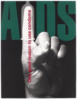 view An index finger wearing a condom pointing up to form the 'i' of AIDS; an advertisement for safe sex. Colour lithograph by John Bloom, 199-.