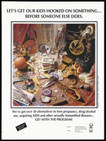 view A variety of Native Indian accessories and musical instruments with a warning to get children hooked on cultural pastimes rather than let them get involved in teen pregnancy, drugs and alcohol that can lead to AIDS or other sexually transmitted diseases; advertisement by the Seattle Indian Health Board. Colour lithograph by Stewart Tilger and Christine P. Salvador.