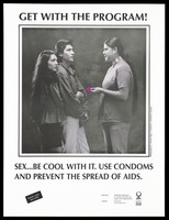 view A Native American man offering a pink condom to a couple with a message to use condoms to avoid the spread of AIDS; advertisement by the Seattle Indian Health Board. Lithograph by Stewart Tilger and Christine P. Salvador.