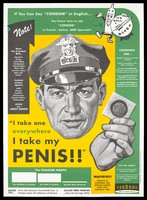 view An officer with a cap holding up a condom with numerous messages about condoms and how to use them; advertisement by the Seattle-King County Department of Public Health. Colour lithograph by Art Chantry.