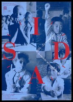 view Four school children sitting in class with the words 'S','I','D','A' spelt out in the shape of a clock; an advertisement for World AIDS Day, 1st December 1992 by the UNESCO Programme of Education for the Prevention of AIDS. Colour lithograph D. Roger and A. Jonquieres.