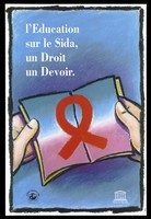 view A pair of hands holding an open book bearing the AIDS red ribbon in the centre representing an advertisement for World AIDS Day, 1st December 1995 by the UNESCO Programme of Education for the Prevention of AIDS. Colour lithograph.