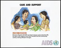 view An HIV positive woman being comforted by her husband and children; advertisement by the World Health Organization for living positively with HIV. Colour lithograph, ca. 1995.