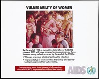 view A crowd of Indian women holding babies; representing a warning by the World Health Organization about for the vulnerability of women and HIV/AIDS. Colour lithograph, ca. 1994.