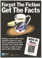 view A mug of coffee and a sandwich representing an advertisement for a leaflet on facts on AIDS at Work by the Department of Health, New Zealand. Colour lithograph, 1990.