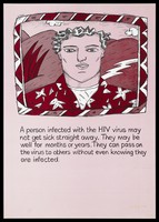 view The head and shoulders of a male figure within a landscape with a decorative burgundy border and a description of what it is like to be HIV positive; one of a series of fact sheets about AIDS and HIV. Colour lithograph by M.B.