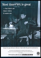 view A gay man sitting in contemplation at a table with a cup and saucer and tea pot with a message about the scary aspects of sex; advertisement for Auckland's Burnett Centre by the New Zealand AIDS Foundation. Colour lithograph.