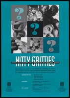 view Question marks interspersed with images of gay men representing Nitty Gritties, a series of free, informative workshops for gay men in Auckland and Wellington; advertisement by the New Zealand AIDS Foundation. Colour lithograph.