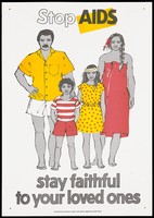 view A family from the Cook Islands; representing an advertisement to stay faithful to loved ones by protecting them against AIDS, issued by the Ministry of Health, Cook Islands. Colour lithograph by Judith Künzle.