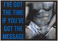 view A man sitting down pulling his shorts down with his thumb representing a safe sex advertisement by the AIDS Council of ACT. Colour lithograph.