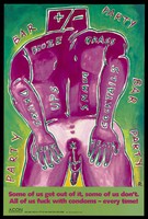 view A man with a square head bearing the postive and negative signs of HIV places his hands on his backside with the words 'booze', 'grass', 'drugs', 'cocktails', 'ups' and 'downs' written across his body and surrounded by the words 'party' and 'bar'; a warning to gay men about the dangers of alcohol and drugs and AIDS by the AIDS Council of New South Wales. Colour lithograph by David McDiarmid, 1992.