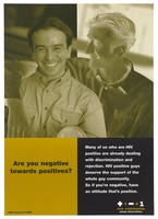 view A positive photograph of a man with a negative image of another with his arm around him representing a message about the discrimination of those who have HIV by the AIDS Council of NSW. Colour lithograph.