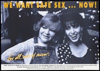 view A woman wearing dungarees and another wearing a spotted top stand smiling in a street representing an advertisement for safe sex for women by The Women & AIDS Project of the AIDS Council of New South Wales. Colour lithograph by Loonie Lane and Sandy Edwards.