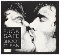 view A stippled image of two men kissing representing an advertisement for safe sex and drug use by the AIDS Action Council of the ACT with the assistance of ACT Health. Lithograph.