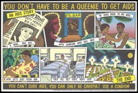 view Cartoon sequence in which a black man has sex with a woman who has AIDS who he meets in a nightclub and brings it home to his wife and baby killing them all; a safe sex advertisement by the Department of Health, Housing, Local Government and Community Services, Aboriginal Health Workers of Australia (Queensland). Colour lithograph.