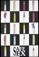 view Coloured condoms on a chequered black and white background; representing an advertisement for safe sex by Verkerke C&L GmbH. Colour lithograph, 1995.