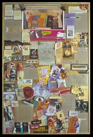 view A corkboard pinned with numerous articles, photographs, illustrations and objects relating to AIDS and sexual health by SOA Stichting, Utrecht. Colour lithograph, 1995.