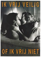 view A man and woman kiss in a bath with a condom resting on the side and the message "I have safe sex or no sex"; an advertisement for safe sex by the Projectgroep Publiekscampagne AIDS/SOA. Colour lithograph.