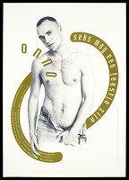 view Onno, a bare-chested man with jeans undone clutches his genital area with the message "sex can be a party"; advertising safe sex. Colour lithograph by Jan Gort for the SAD Schorerstichting.