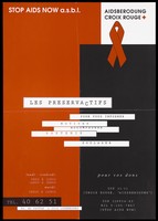 view The AIDS red ribbon against blocks of red, black and white advertising the contact details and activities of the AIDS Berodung Croix Rouge [the Red Cross in Luxembourg] and the campaign, Stop AIDS Now a.s.b.l. Colour lithograph.