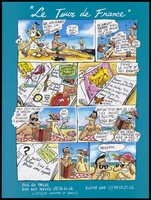 view "Le Tour de France", a cartoon sequence depicting two gay men sunbathing on a beach reading the numerous amorous conquests of Pierre in his holiday diary; an advertisement for the SIDA Info Service. Colour lithograph by J. Cuneo.