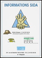 view Two hands on top of each other within a blue triangle with a computer screen and telephone and details of the AIDS information services: Minitel Dialogue, Numero Vert and the SIDA Info-Service; advertisement by AIDES. Colour lithograph.