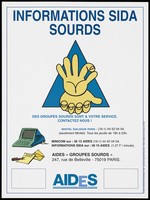 view Two hands on top of each other within a blue triangle with a letter, envelope and pen and details of AIDS information services for the deaf: Minitel Dialogue Paris and AIDES "Groupes Sourds"; advertisement by AIDES. Colour lithograph.