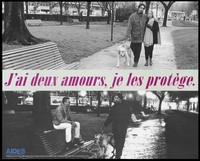 view A man and woman walking arm in arm, with a dog, past a bench in a park during the day and the same man meeting another man at the same bench at night with the message: "I have two lovers, I protect myself"; advertisement by AIDES with the help of Agence Française de Lutte contre le SIDA. Colour lithograph by Marie Laure Costa, 1994.