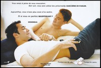 view Two men lie down chatting to each other with a message about using condoms and the warning: "Protect yourself against AIDS. Protect others'; an advertisement for the SIDA Info Service by the CFES and Ministère de l'Emploi et de la Solidarité, Secrétariat d'état à la Santé. Colour lithograph.