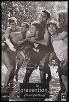 view A group of gay men and lesbians frolicking in water representing an advertisement for AIDS prevention by AJCS (Association des Jeunes contre le SIDA) and the S.N.E.G. [Syndicat National des Entreprise Gay]. Lithograph.