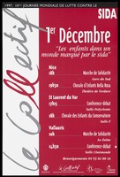 view "Le Collectif" written vertically in grey and red with a list of performances to commemorate the 10th World AIDS Day on December 1st 1997; based on the theme "children in a world marked by AIDS" and organised by le Collectif de Lutte Contre le SIDA Associations et Institutions des Alpes Maritimes. Colour lithograph.