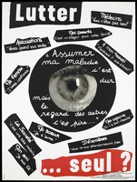 view An eye at the centre of a poster entitled "Lutter" [The fight] littered with strips of white text on black about attitudes to AIDS; one of a series of posters representing an advertisement for a competition for posters of images against AIDS organised by CRIPS. Colour lithograph by students from the Lycée Polyvalant Tertiaire Paul Doumer.
