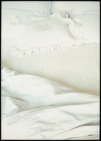 view A bed with cream linen and a pillow case bearing the words 'SIDA' (AIDS) representing the transmission of AIDS in the bedroom. Colour silk screen print after J. Sterbak, 1993.